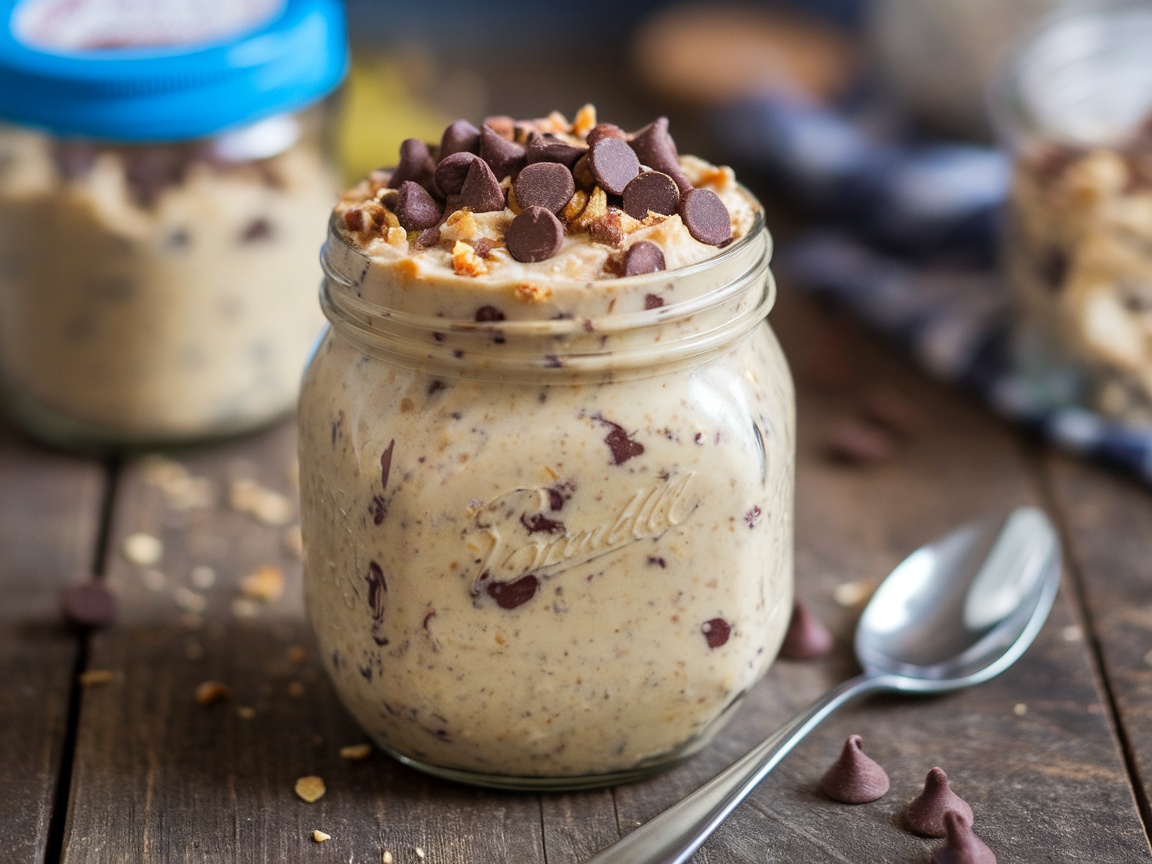 A jar of cookie dough overnight oats with chocolate chips and nuts on a wooden table.